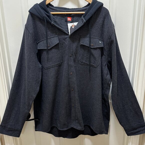 Quiksilver Men's Hooded Buttoned Flannel Shirt Size XXL Black Plaid Y2K (NEW) - Picture 12 of 13